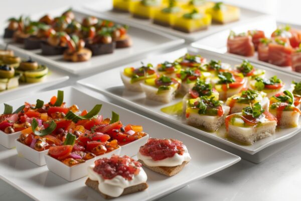 Catering Jędrzejów Eleganckie przekąski na białych talerzach.