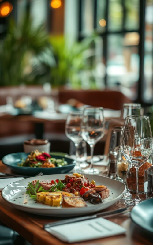 stol z roznorodnymi potrawami i napojami w tym kieliszkami wina i butelka scaled