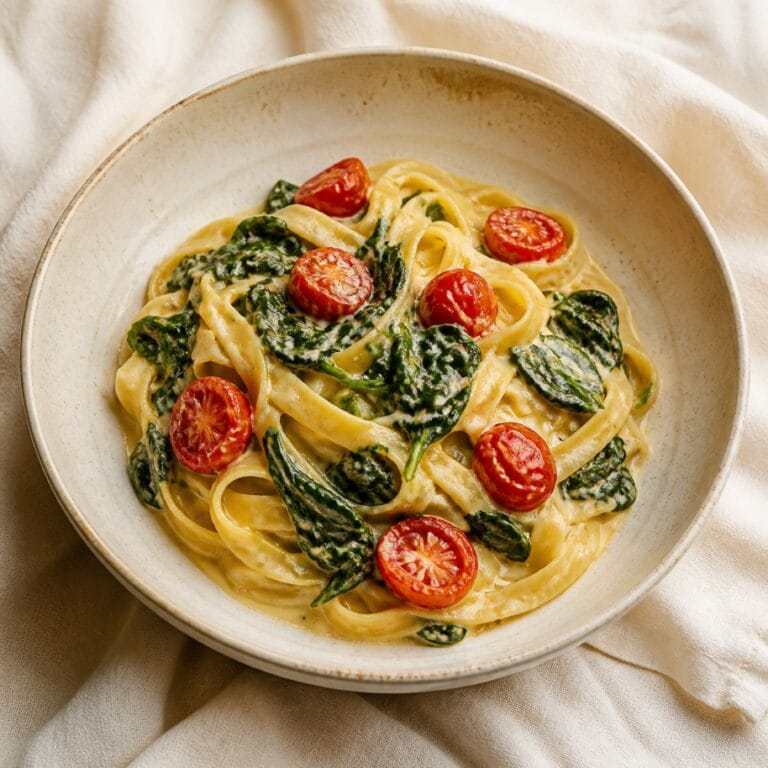 Tagliatelle w sosie śmietanowym ze szpinakiem i pomidorami koktajlowymi